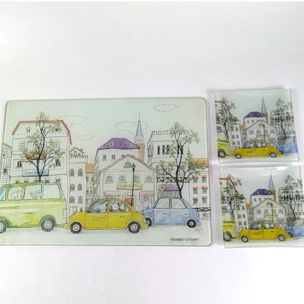 Rabbit Story Glass Tray and Coasters Vanity Cutting Board Unique Functional Art
